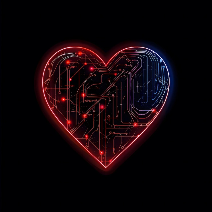 Foto tabla de circuitos en forma de corazón de neón que brilla en rojo y azul que simboliza la fusión de tecnología y emoción ideal para conceptos relacionados con la innovación tecnológica inteligencia artificial conexiones digitales