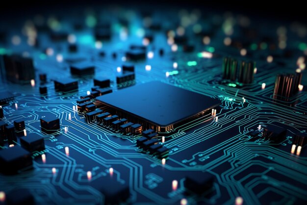 Tabla de circuitos holográficos en telón de fondo oscuro Concepto de conexión de datos