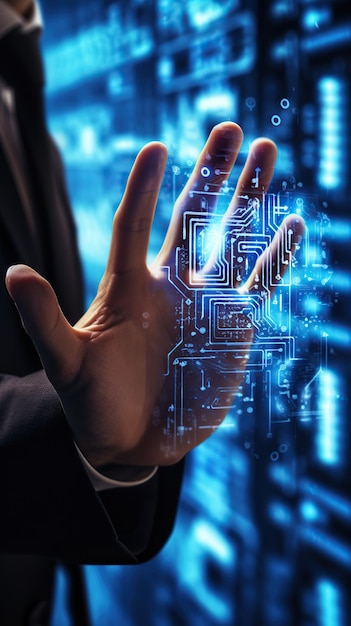 Tabla de circuitos de IA con mano en forma de PCB electrónico