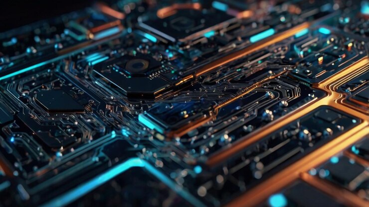 Tabla de circuitos Tecnología azul y dorada fondo arquitectónico Tecnología fondo abstracto