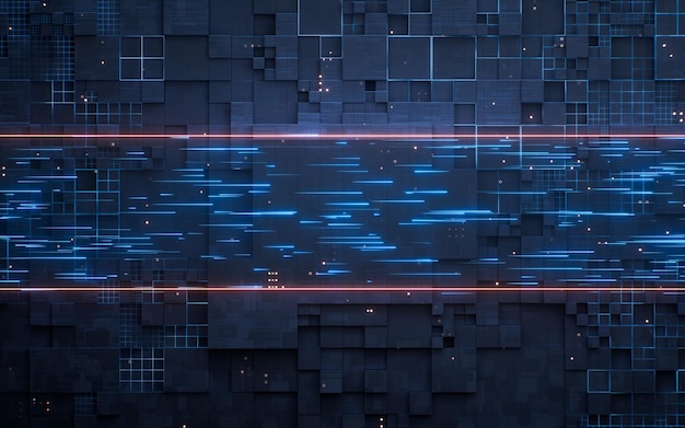 Tabla de circuitos tecnológicos con líneas de transmisión que fluyen representación 3D