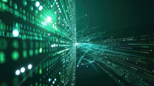 Tabla de circuitos verde brillante con código binario y puntos brillantes que representan la transmisión de datos