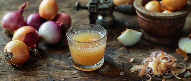 Foto una tabla de cocina de madera alargada sostiene un vaso de bebida de cebolla opaca en medio de una variedad de cebollas y utensilios de cocina