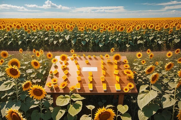 tabla contra un campo de girasoles para un producto de verano