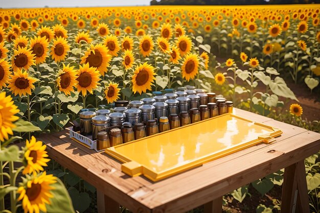 tabla contra un campo de girasoles para un producto de verano