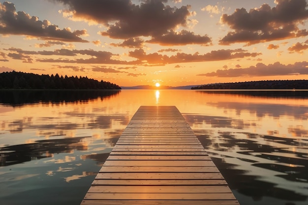 Tabla contra una puesta de sol sobre un lago tranquilo