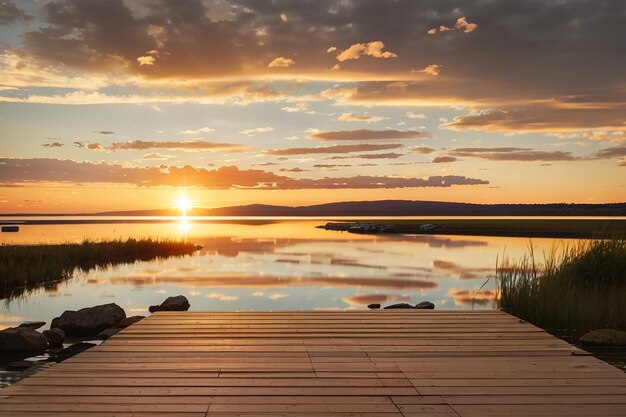 Tabla contra una puesta de sol sobre un lago tranquilo