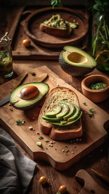 Una tabla de cortar con aguacate y aguacate encima.