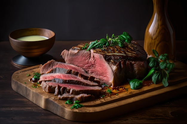 Una tabla de cortar con un bistec y una botella de salsa.