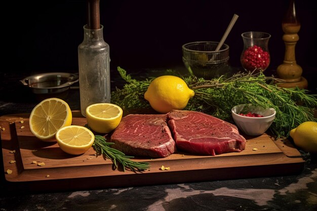 Foto una tabla para cortar con bistecs y limones
