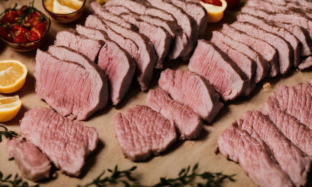 Una tabla de cortar con carne en rodajas y fruta fresca.