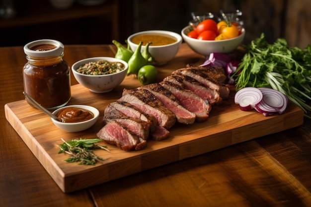 Una tabla de cortar con carne y salsas.