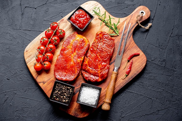 Una tabla de cortar con carne y verduras.