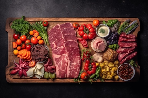 Una tabla de cortar con carne y verduras.