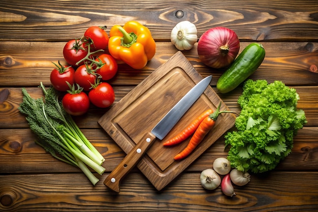 Una tabla de cortar con un cuchillo y algunas verduras en ella sobre una mesa de madera oscura vívida