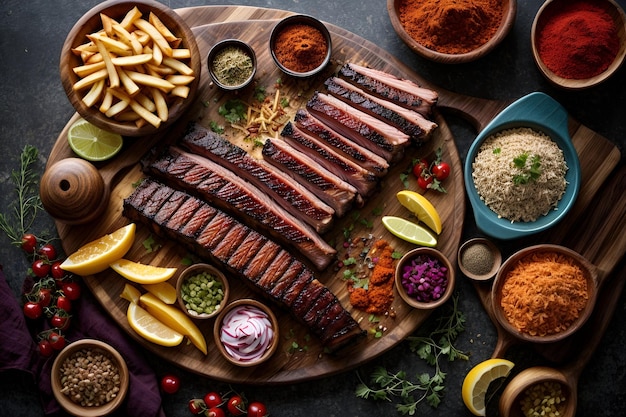 Una tabla de cortar de madera adornada con costillas suculentas.