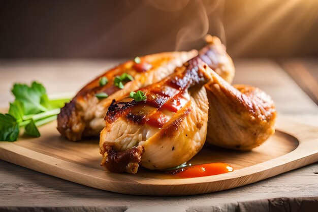 una tabla de cortar de madera con carne y verduras en ella