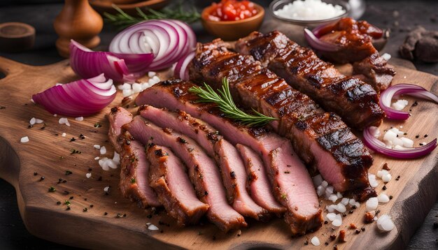 una tabla de cortar de madera con cebollas de carne y cebollas