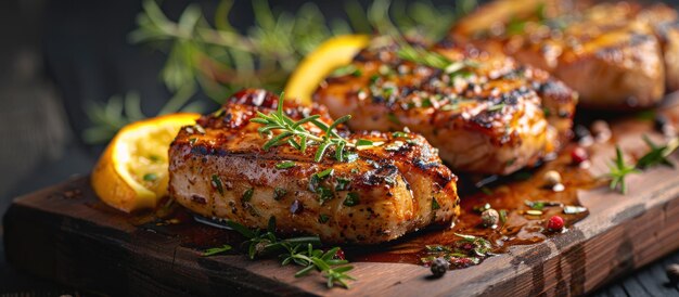 Foto tabla de cortar de madera con chuletas de lomo de cerdo marinadas y salsa