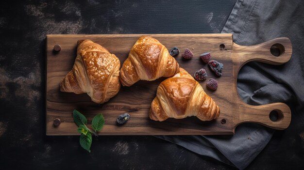 Una tabla de cortar de madera con croissants y arándanos.