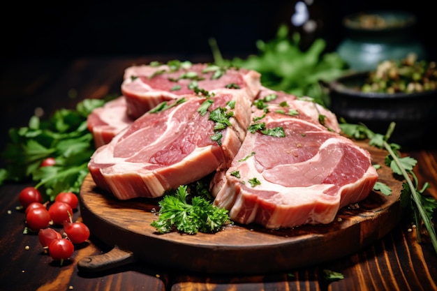 Foto una tabla de cortar de madera cubierta de carne cruda