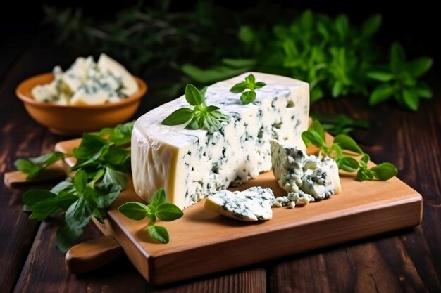 Una tabla de cortar de madera cubierta con una cuña de queso