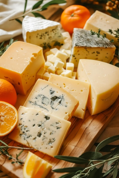 Una tabla de cortar de madera cubierta con diferentes tipos de queso