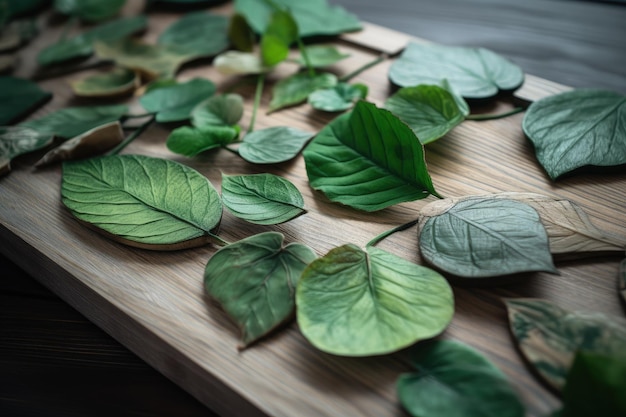 Una tabla de cortar de madera cubierta con muchas hojas verdes IA generativa