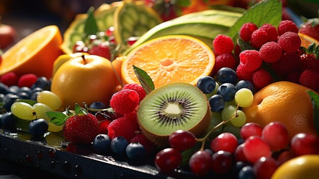 Tabla de cortar de madera cubierta con una variedad de frutas frescas