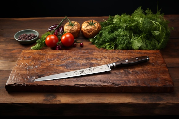 tabla de cortar de madera con un cuchillo