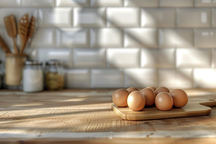 Una tabla de cortar de madera con una docena de huevos en ella