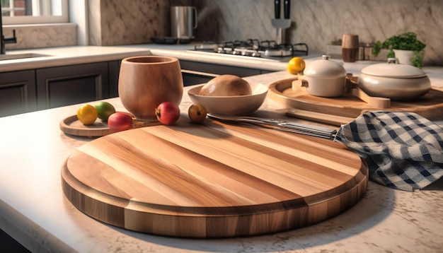 Tabla de cortar de madera en la encimera con cocina al fondo