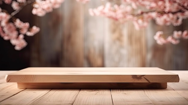 Tabla de cortar de madera con fondo de flor de cerezo