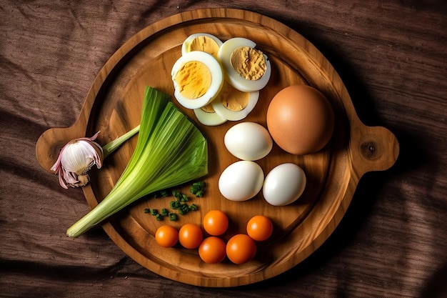 Una tabla de cortar de madera con huevos, cebollas y cebolletas.