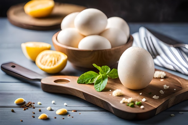 una tabla de cortar de madera con huevos y un cuchillo en ella