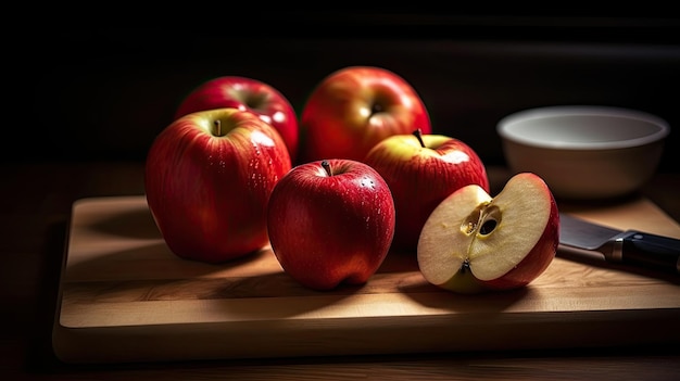 Una tabla de cortar de madera con manzanas