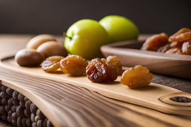 Una tabla de cortar de madera con un montón de frutas.