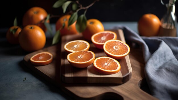 Una tabla de cortar de madera con naranjas y algunas otras naranjas.