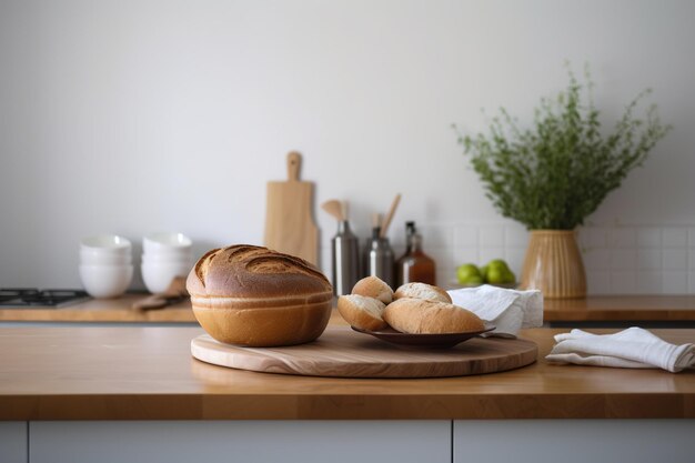 Una tabla de cortar de madera con pan y una planta verde en el fondo.