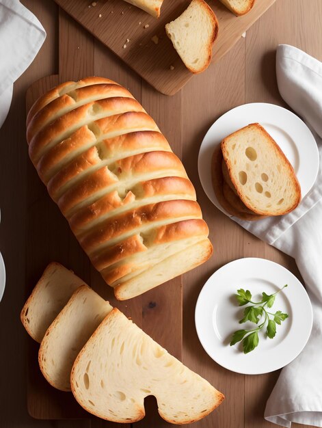 Foto una tabla de cortar de madera con pan rebanado y rebanadas de pan.