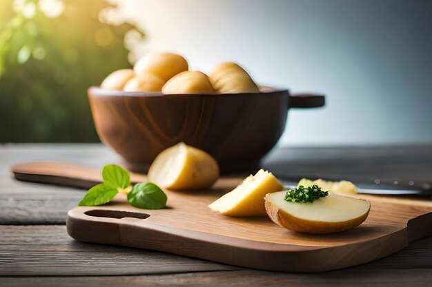 Una tabla de cortar de madera con patatas y un bol de hojas de menta fresca.