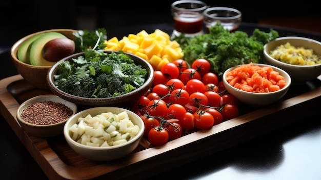 una tabla de cortar de madera con platos de verduras