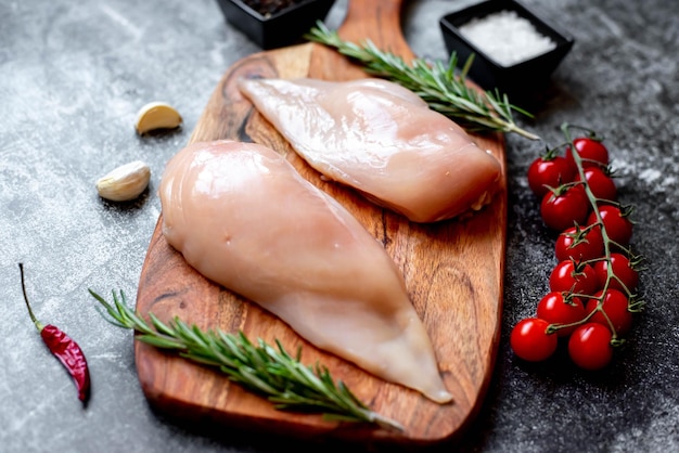 Una tabla de cortar de madera con pollo crudo y romero.