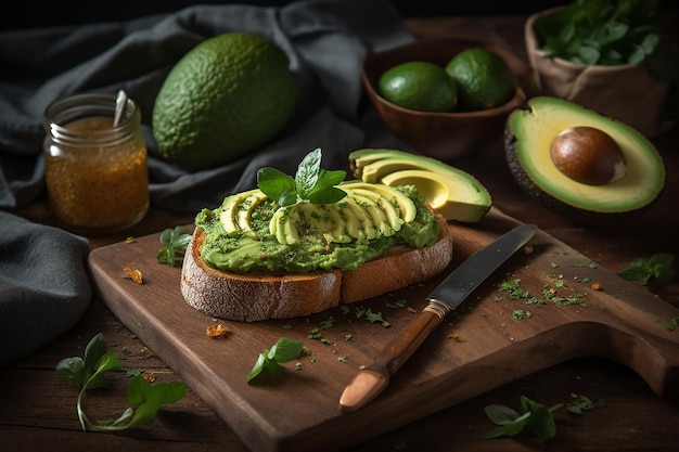 Una tabla de cortar de madera con rodajas de aguacate y aguacate.