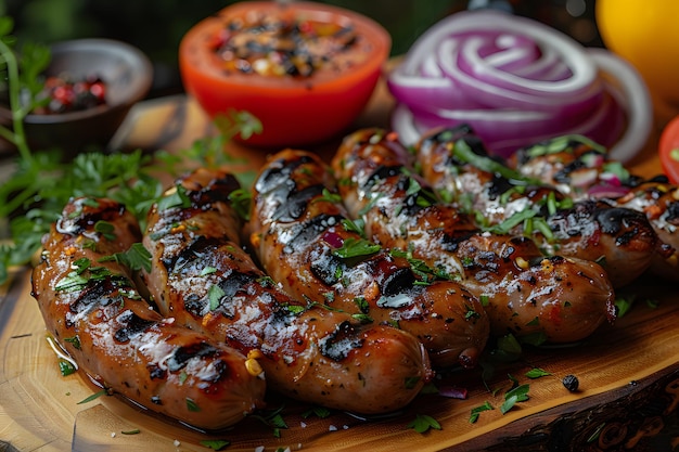 Tabla de cortar de madera con salchichas y verduras