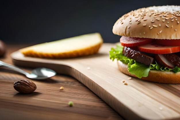 Una tabla de cortar de madera con un sándwich y una cuchara encima.