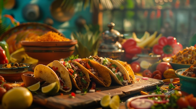 Tabla de cortar de madera con tacos verduras un plato delicioso