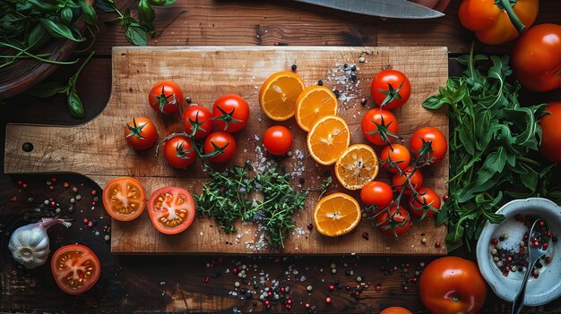 Foto una tabla de cortar de madera con tomates, naranjas y hierbas