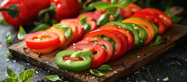 Tabla de cortar de madera con tomates y pimientos en rodajas