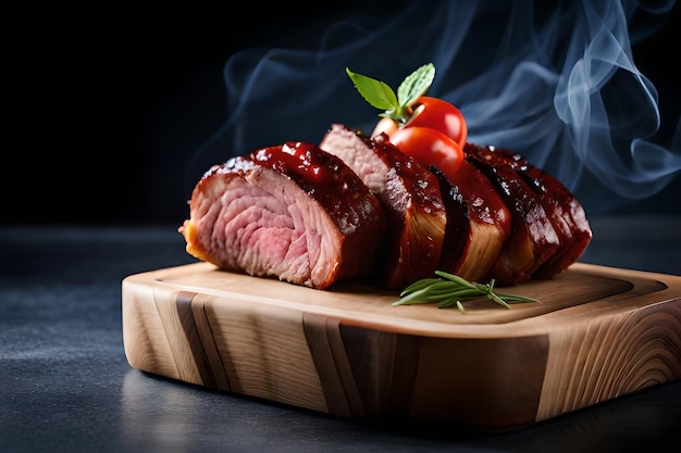 Una tabla de cortar de madera con un trozo de carne y un tomate encima.